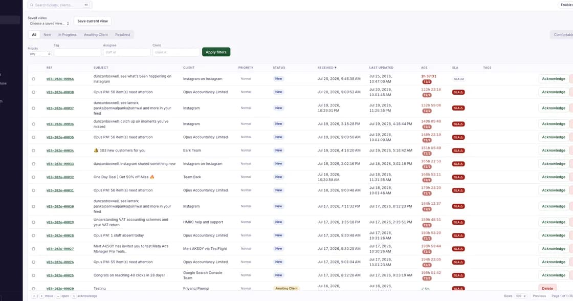Opus Help Desk — ticket queue with SLA badges