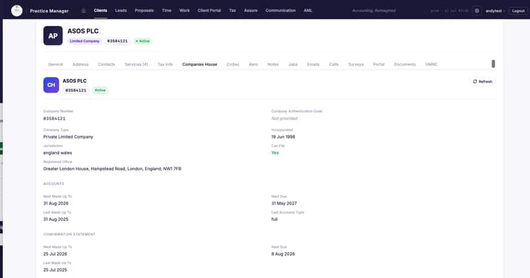 Opus Practice Manager — live Companies House client record