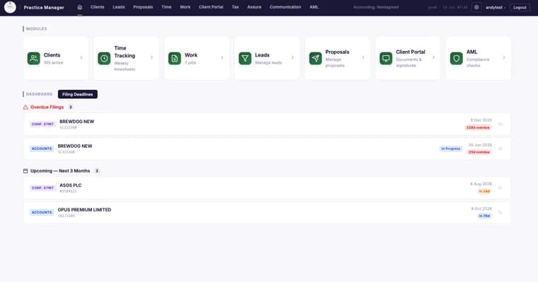 Opus Practice Manager — dashboard with filing deadlines