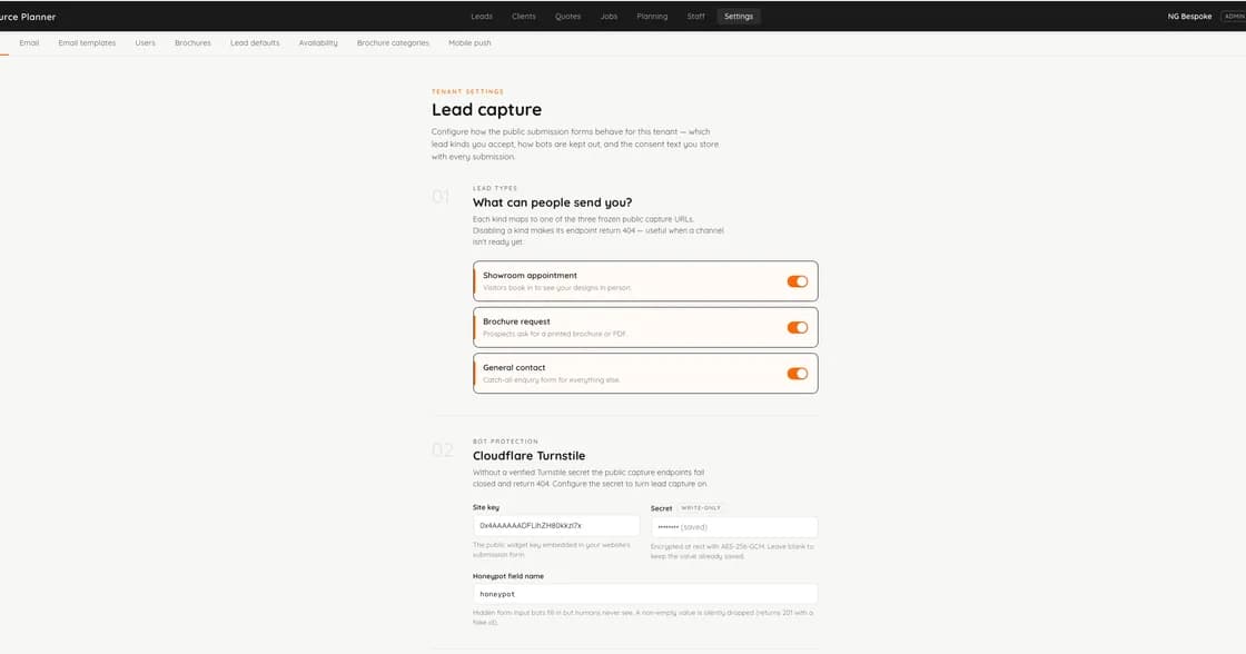 Opus Resource Planner — lead capture settings