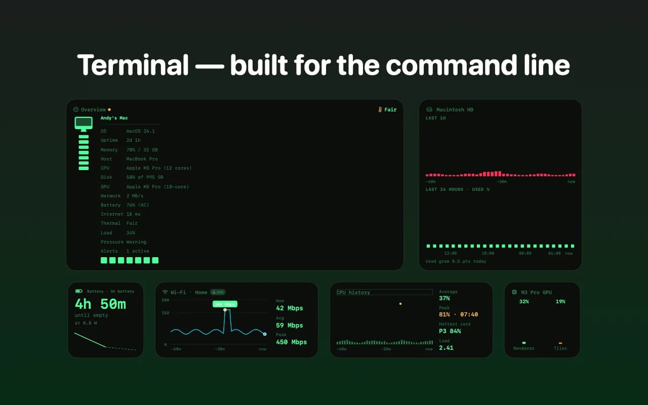 Pulsepane widgets in the dark Terminal theme