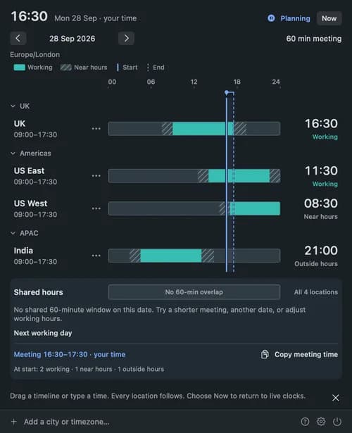TimeZoneBar in dark mode, showing the same shared timeline and local meeting times